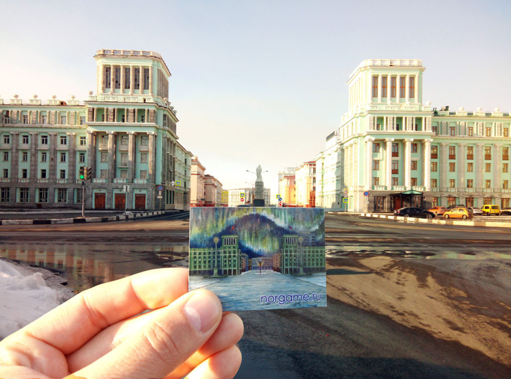Norgame кадр из игры на фоне города - Норильск, Октябрьская площадь